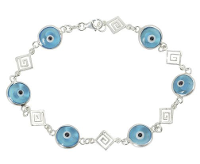 Evil eye bracelet with Greek Key in sterling silver.