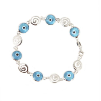 Evil eye bracelet with round Greek key in sterling silver.