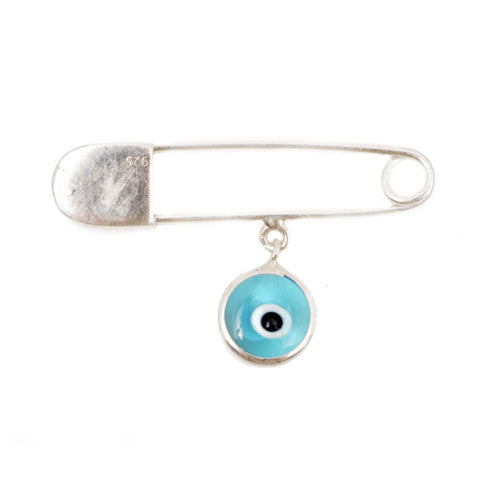 Baby blue evil eye pin in sterling silver