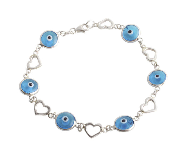 Light blue evil eye heart bracelet in sterling silver.