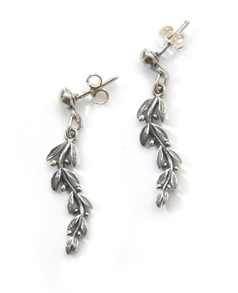 Olive tree branch earrings in sterling silver.