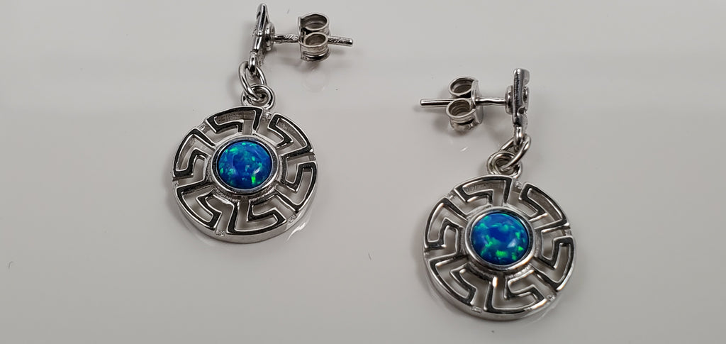 Dangling Greek key earrings with opal stone