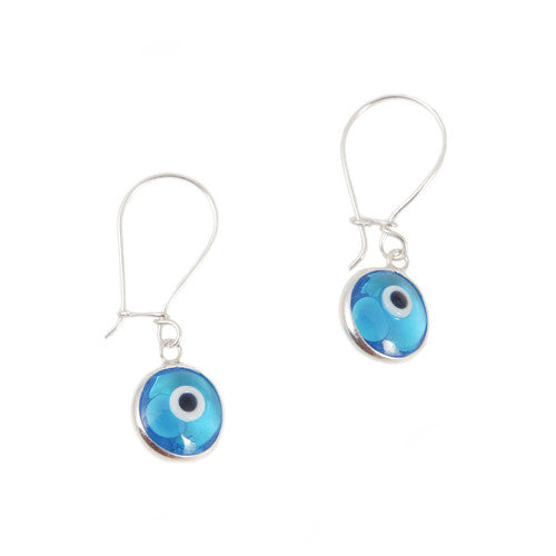 Light blue evil eye dangling earrings in sterling silver.