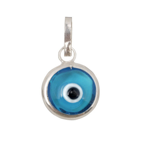 Light blue evil eye pendant in sterling silver.