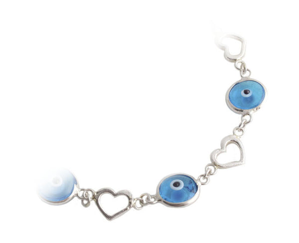 Light blue evil eye heart bracelet in sterling silver.