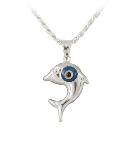 Dolphin evil eye pendant in sterling silver.