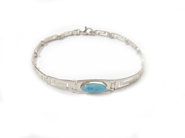 Greek key blue opal bracelet in sterling silver.