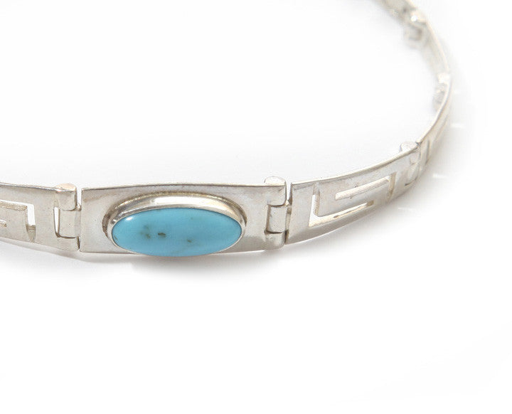 Greek key blue opal bracelet in sterling silver.