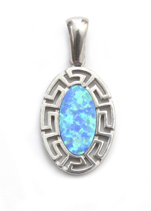 Oval opal Greek key pendant in sterling silver